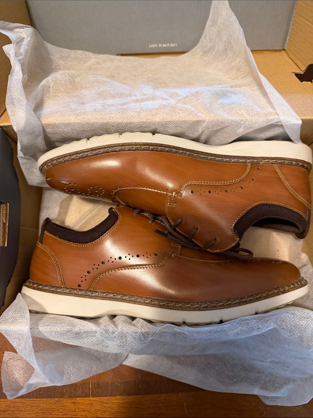 Stacy Adams Tan Brown Leather Wingtip Derbys with White Sole